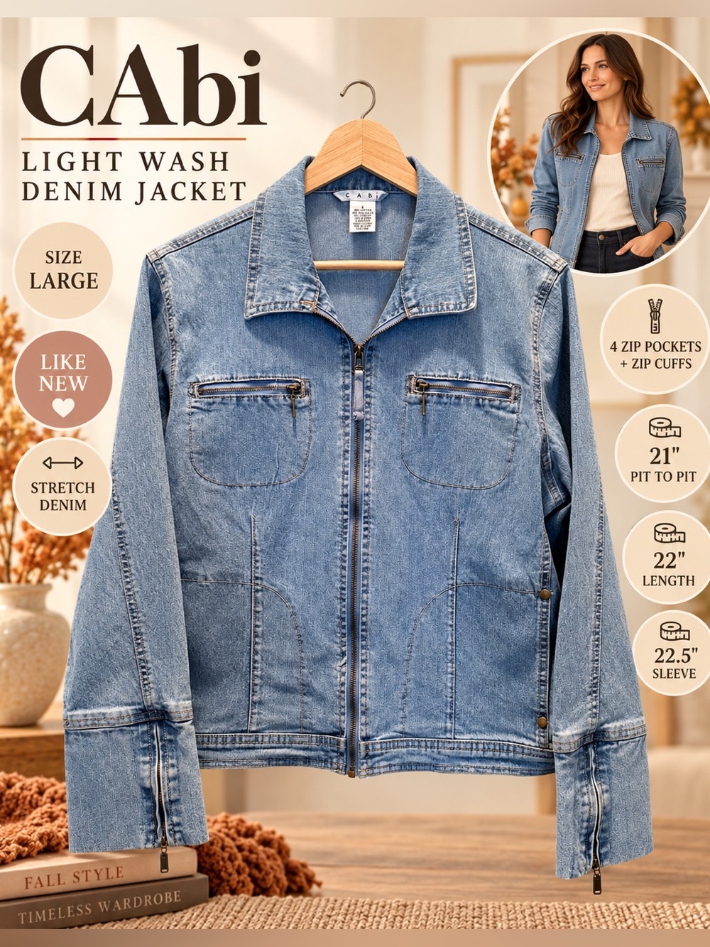 CAbi Light Wash Stretch Denim Zip Jacket Large Moto Utility Style